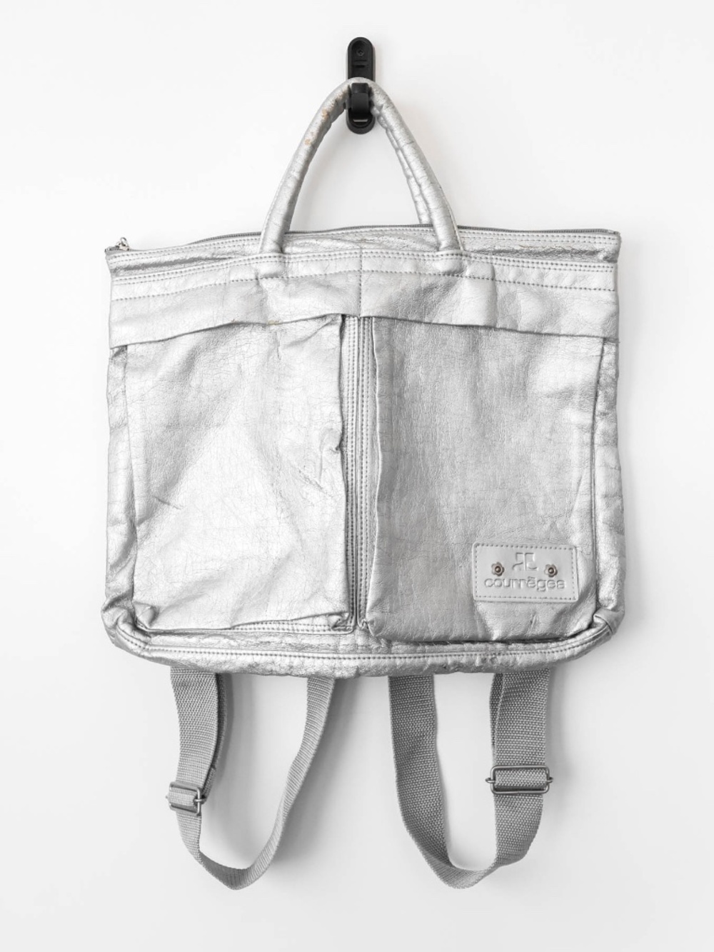 Super Rare True Vintage Courreges Silver Leather Tote Bag Backpack
